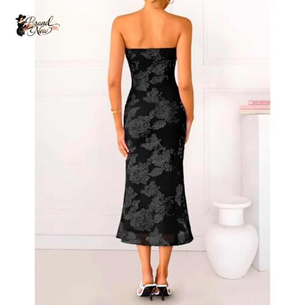 Polyester Elastane Strapless Floral Midi Bodycon … - image 5